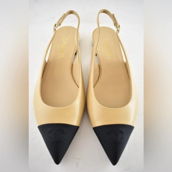 Chanel 24A Beige Leather Black CC Logo Coco Slingback Pointed Ballet Flat 39 - Picture 8 of 15